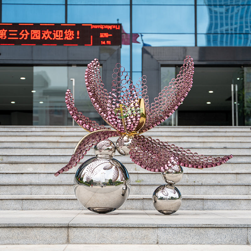 Modern garden art metal flower shape sphere stainless steel sculpture