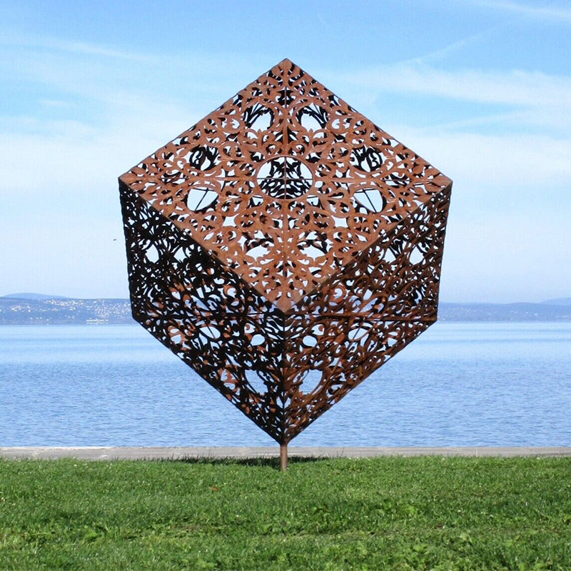 Corten Stainless Cube Artwork From Roststahl On Corner Set for Garden Or Park H 170 CM