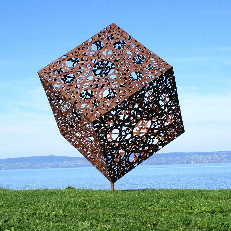 Corten Stainless Cube Artwork From Roststahl On Corner Set for Garden Or Park H 170 CM