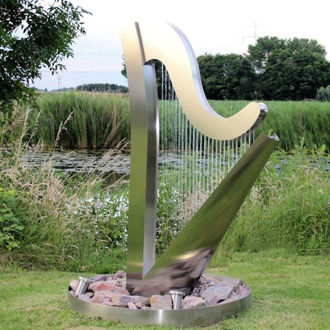 Maping Modern Customize Design Garden Large Metal Art Sculpture Stainless Steel Eater Outdoor Water Fountain Harp Sculptu