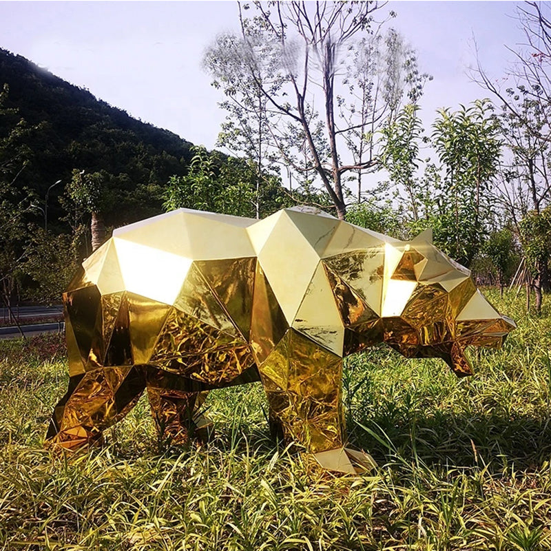 Modern Design Outdoor Life Size Mirror Polishing Stainless Steel Lion Panther Deer Elephant Statue