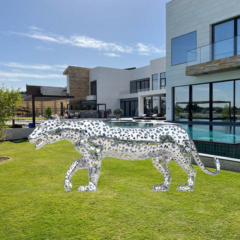 Manufacturer Custom Modern Animal Sculpture Outdoor Garden Decor Metal Art Hollow Stainless Steel Leopard Sculpture